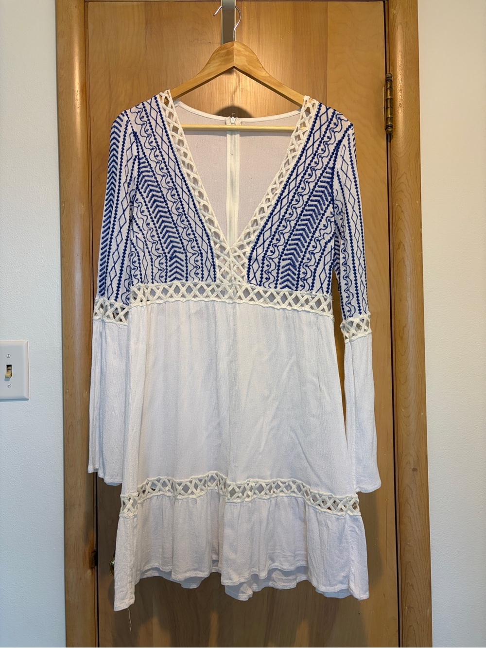 Missguided White Gauze Dress with Blue Embroidery